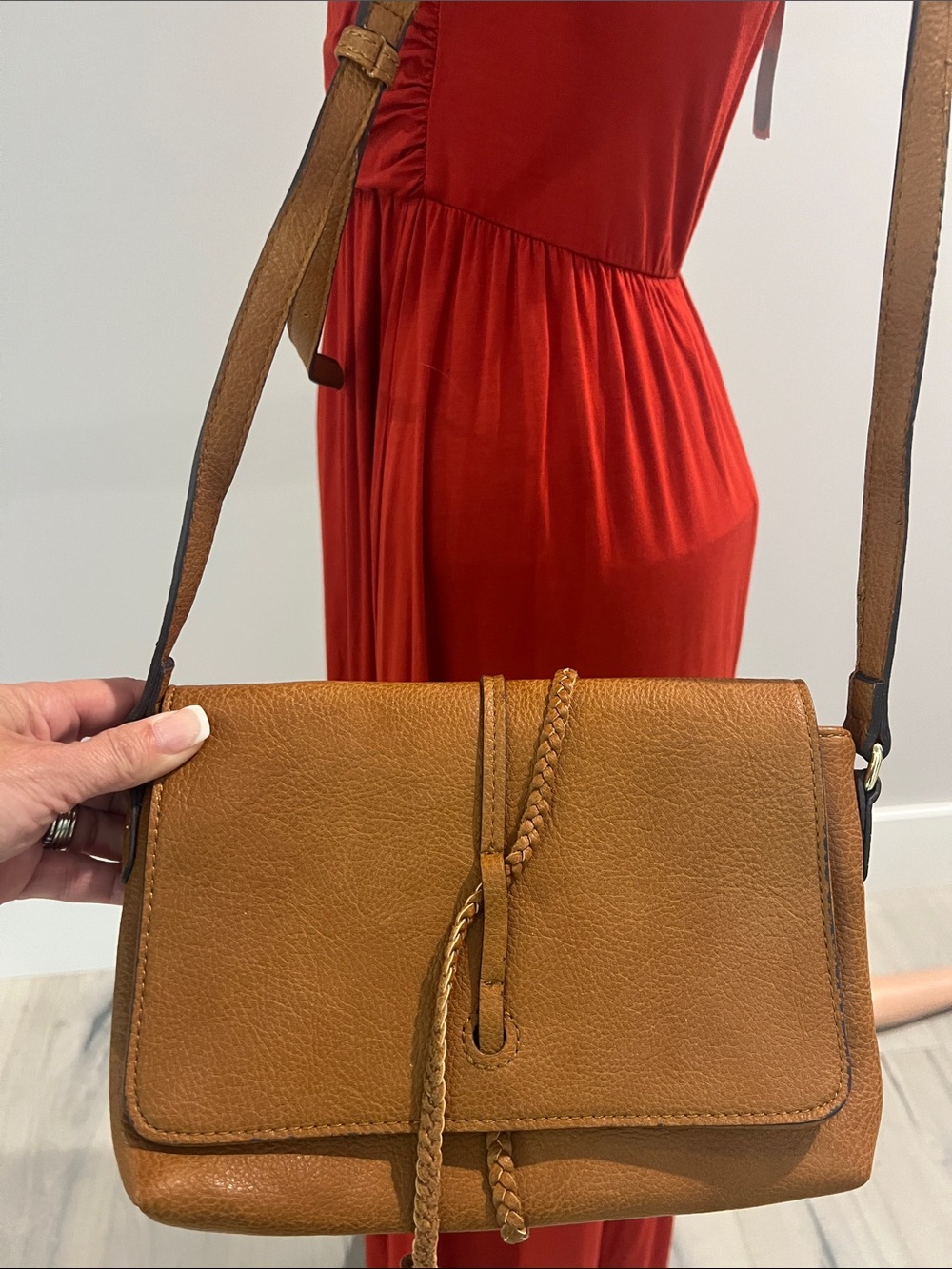 Street Level Tan Braided-Leather Crossbody Bag